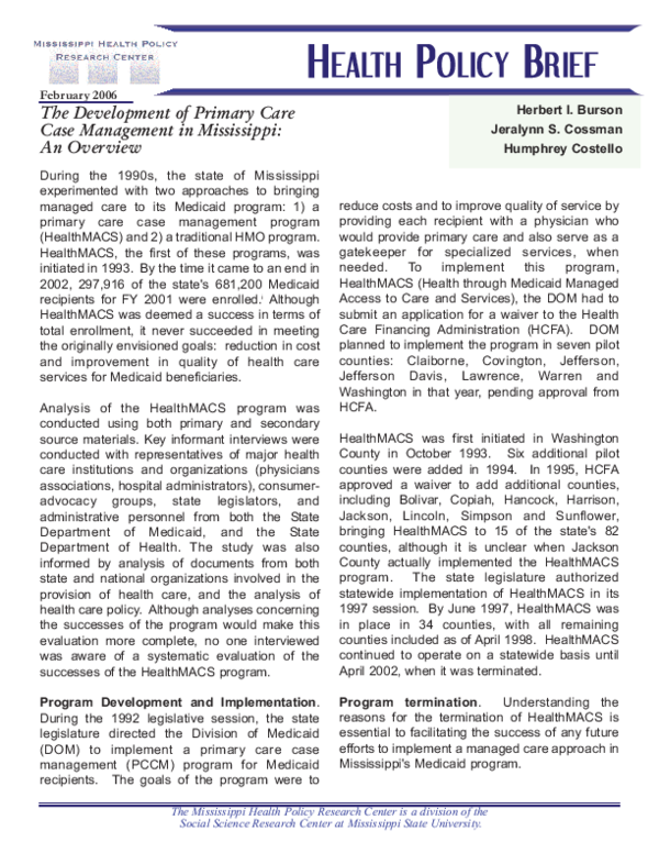(PDF) The Development of Primary Care Case Management in Mississippi ...