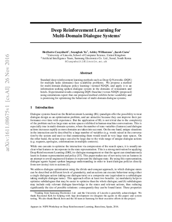 (PDF) Deep Reinforcement Learning for Multi-Domain Dialogue Systems