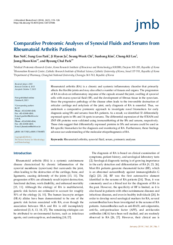(PDF) Comparative Proteomic Analyses of Synovial Fluids and Serums from ...