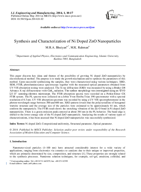 (PDF) Synthesis and Characterization of Ni Doped Zno Nanoparticles