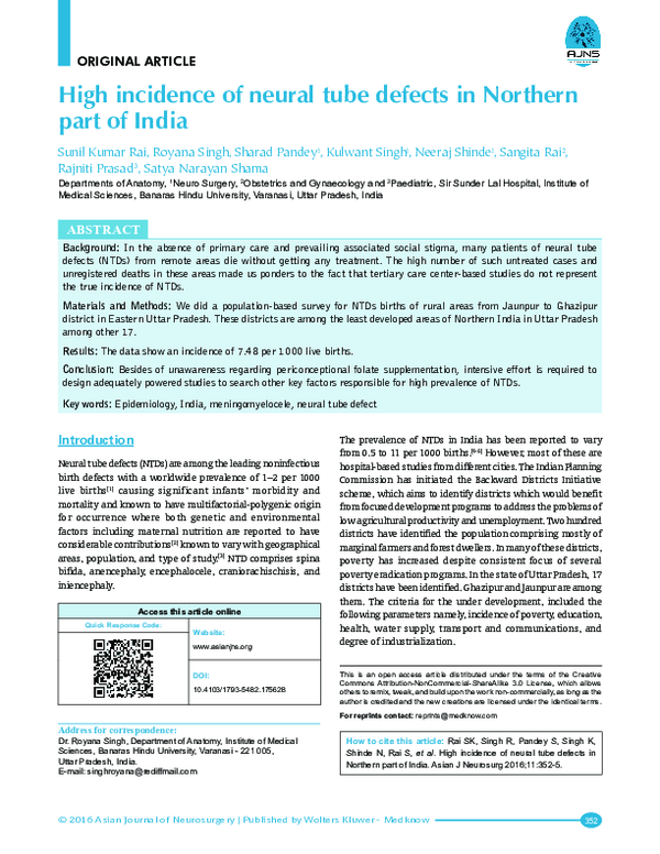 (PDF) High incidence of neural tube defects in Northern part of India