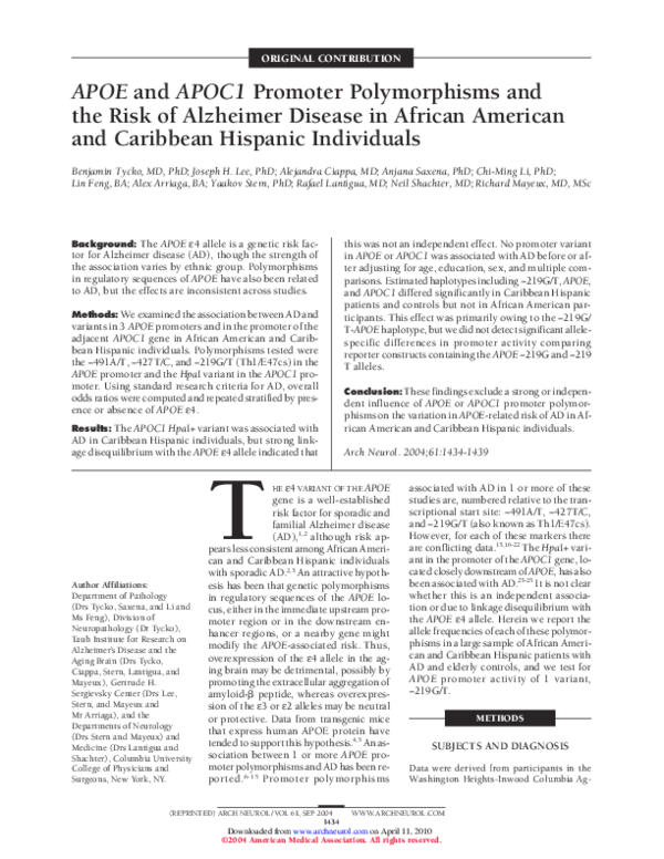 (PDF) APOE and APOC1 Promoter Polymorphisms and the Risk of Alzheimer ...