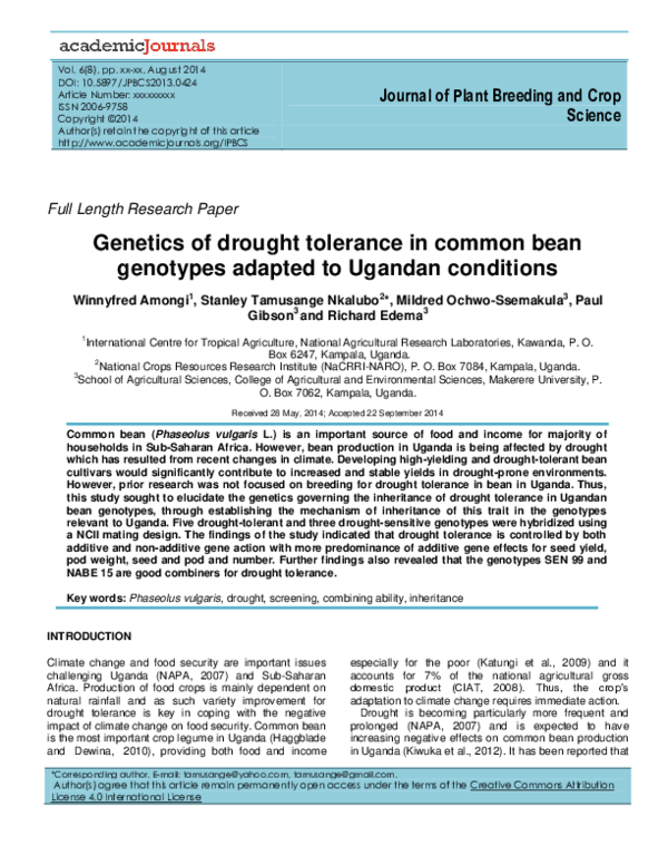 (PDF) Genetics of drought tolerance in common bean genotypes adapted to ...