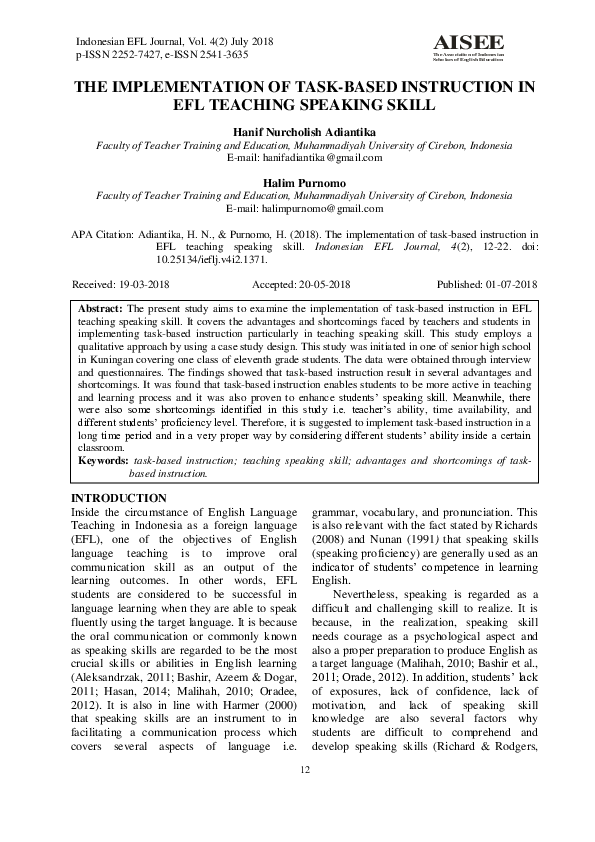 (PDF) The Implementation of Task-Based Instruction in Efl Teaching ...