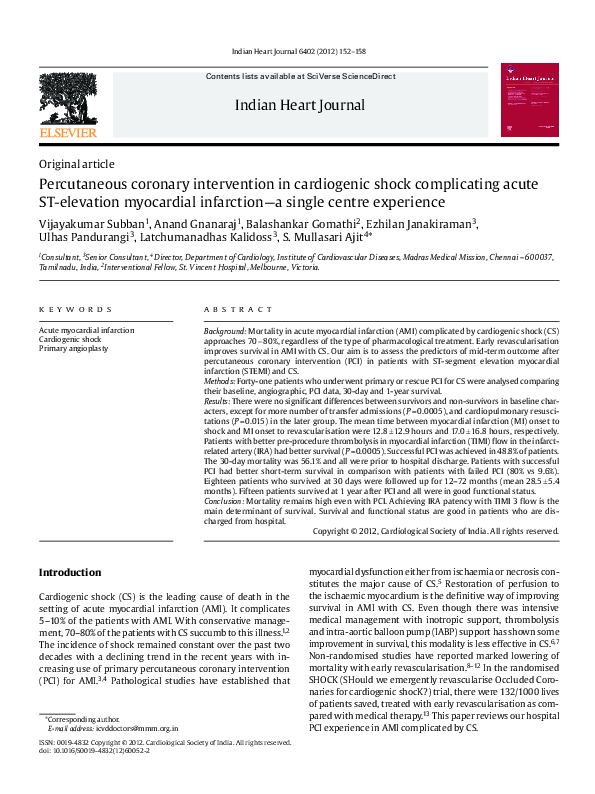 (PDF) Percutaneous coronary intervention in cardiogenic shock ...