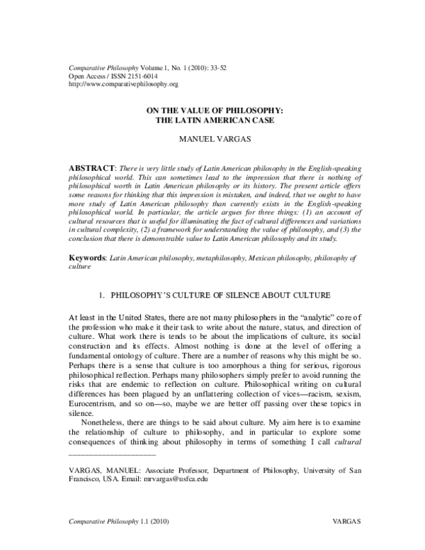 (PDF) ON THE VALUE OF PHILOSOPHY: THE LATIN AMERICAN CASE [abstract]
