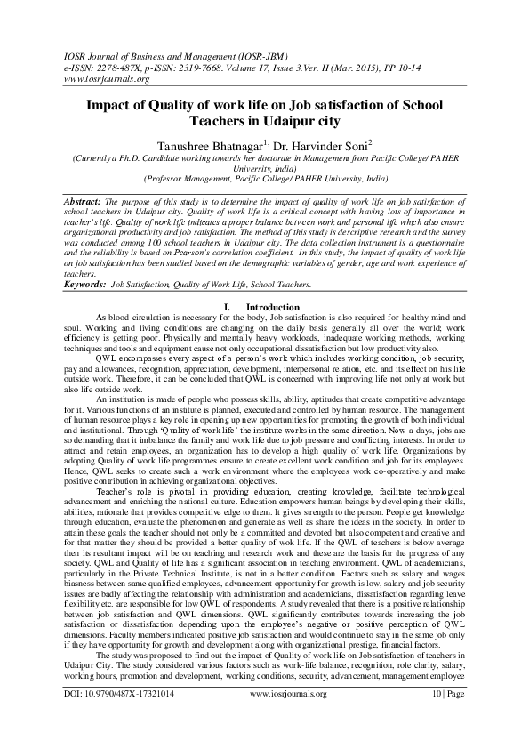 (PDF) Impact of Quality of work life on Job satisfaction of School ...
