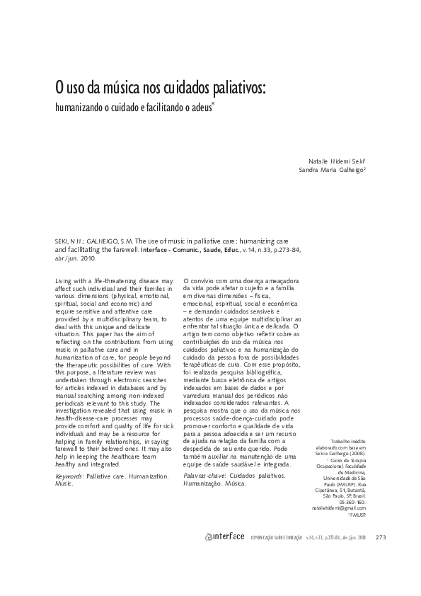 (PDF) The use of music in palliative care: humanizing care and ...