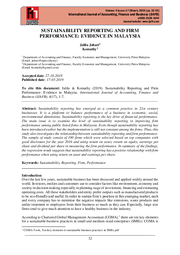(PDF) Sustainability Reporting and Firm Performance: Evidence in Malaysia
