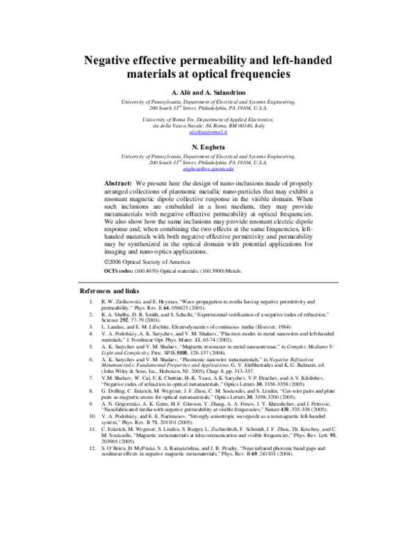(PDF) Negative effective permeability and left-handed materials at ...