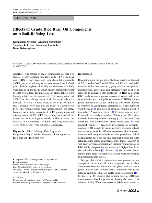 (PDF) Effects of Crude Rice Bran Oil Components on Alkali-Refining Loss