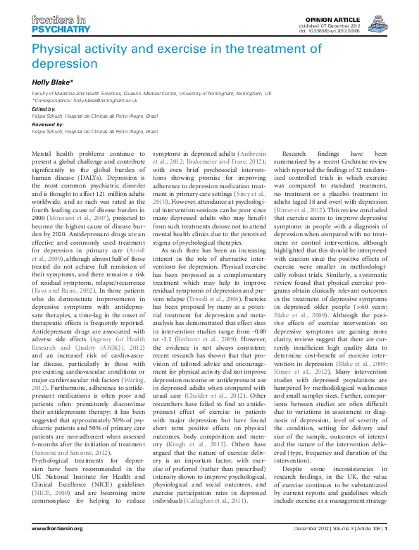 (PDF) Physical activity and exercise in the treatment of depression