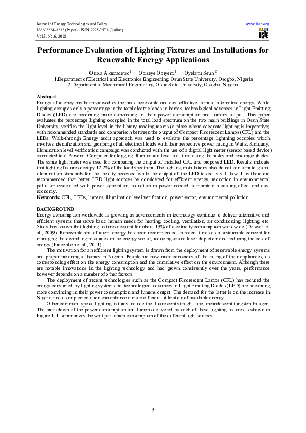 (PDF) Performance evaluation of lighting fixtures and installations for ...