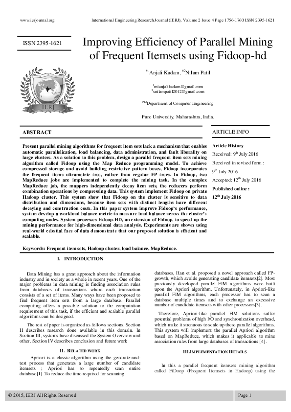 (PDF) Improving Efficiency of Parallel Mining of Frequent Itemsets ...