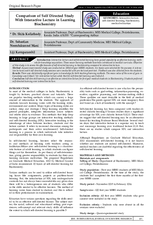 (PDF) Comparison of Self Directed Study with Interactive Lecture in ...