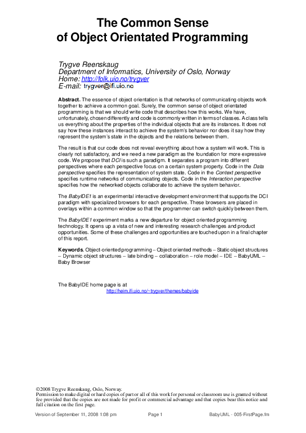 (PDF) The Common Sense of Object Orientated Programming