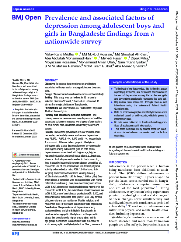 (PDF) Prevalence and associated factors of depression among adolescent ...