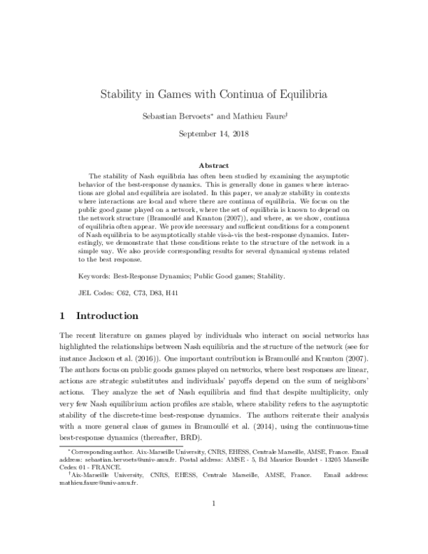 (PDF) Stability in games with continua of equilibria