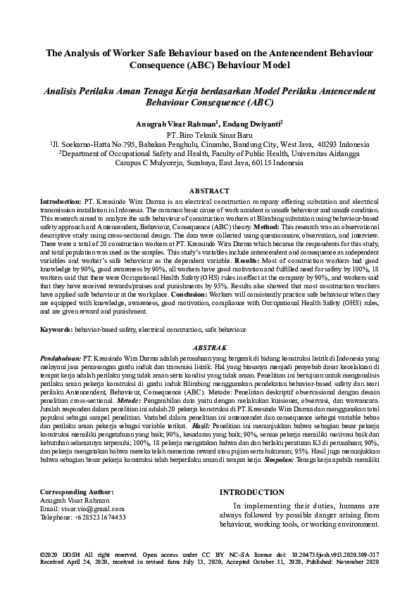 (PDF) The Analysis of Worker Safe Behaviour based on the Antencendent ...