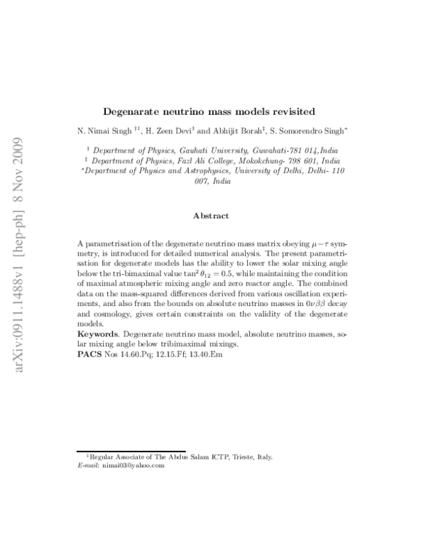 (PDF) Degenerate neutrino mass models revisited