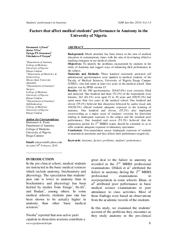(PDF) Factors that affect medical students’ performance in Anatomy in ...