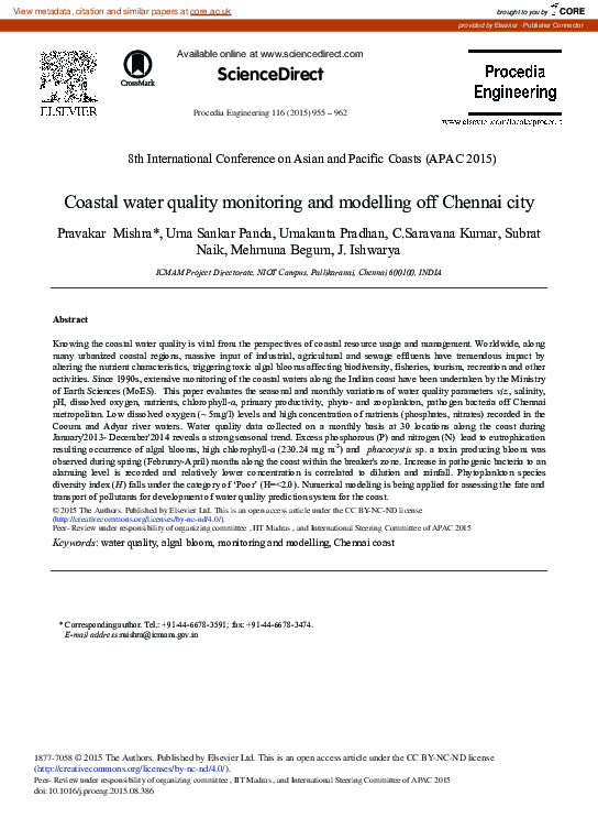 (PDF) Coastal Water Quality Monitoring and Modelling Off Chennai City