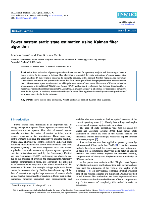 (PDF) Power system static state estimation using Kalman filter algorithm