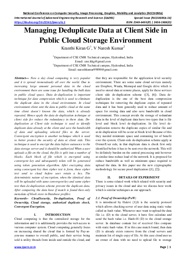 (PDF) Managing Deduplicate Data at Client Side in Public Cloud Storage ...