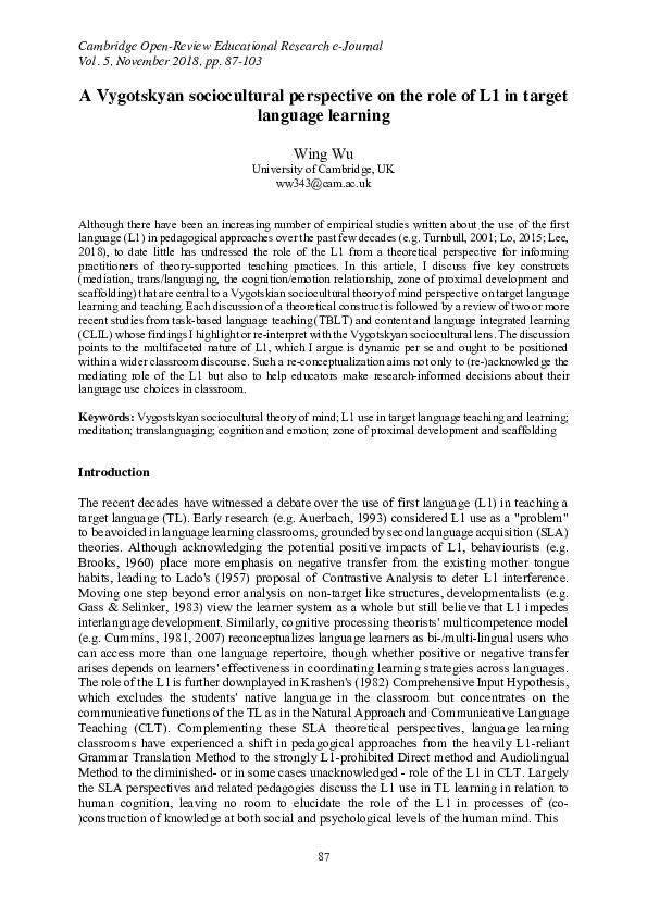 (PDF) A Vygotskyan sociocultural perspective on the role of L1 in ...
