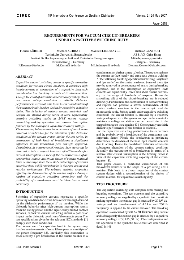 (PDF) Requirements for Vacuum CircuitBreakers Under Capacitive