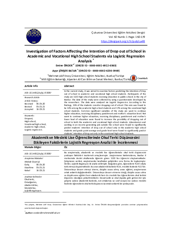 (PDF) Investigation of Factors Affecting the Intention of Drop out of ...
