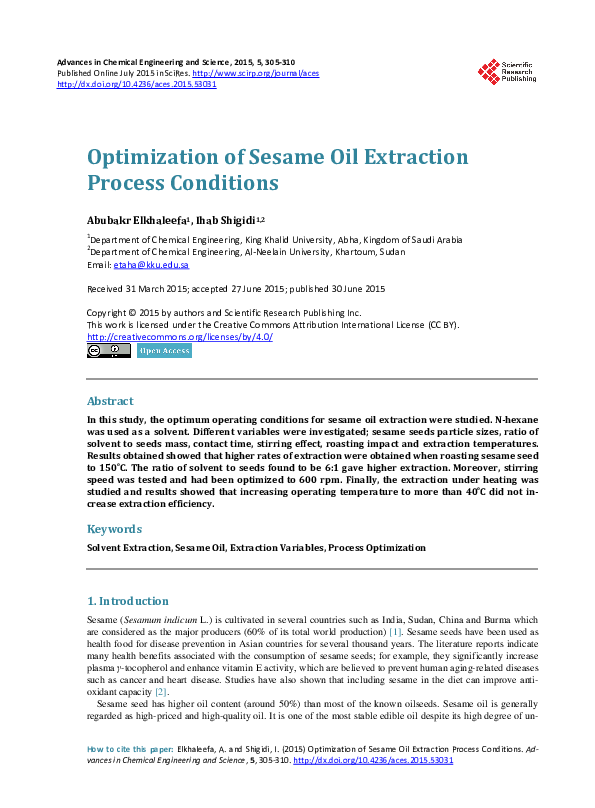 (PDF) Optimization of Sesame Oil Extraction Process Conditions Ihab