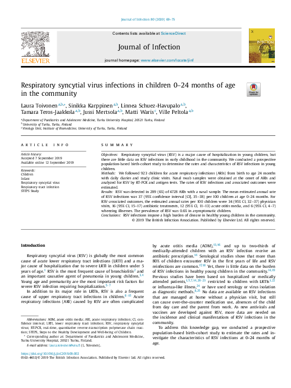 (PDF) Respiratory Syncytial Virus Infections in Children 0-24 Months of ...