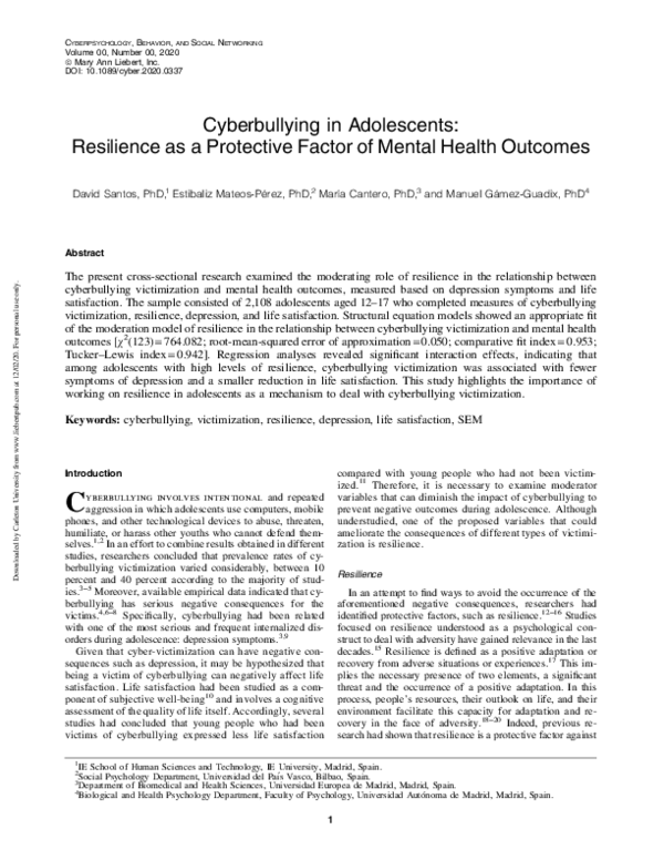 (PDF) Cyberbullying in Adolescents: Resilience as a Protective Factor ...