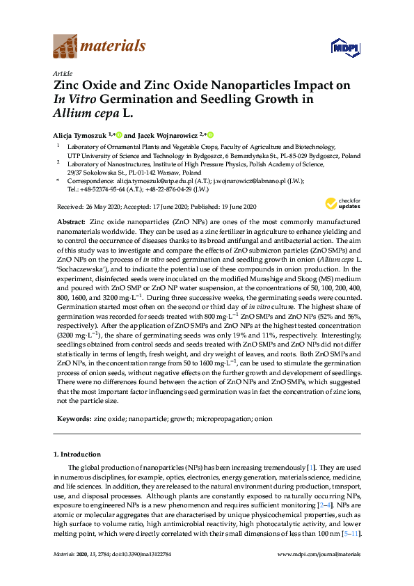 (PDF) Zinc Oxide and Zinc Oxide Nanoparticles Impact on In Vitro ...