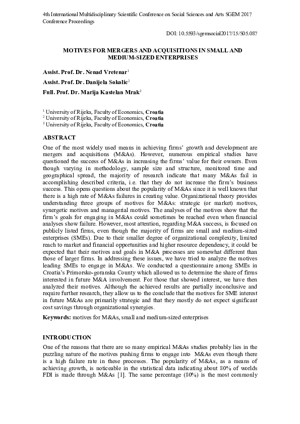 (PDF) MOTIVES FOR MERGERS AND ACQUISITIONS IN SMALL AND MEDIUM-SIZED ...