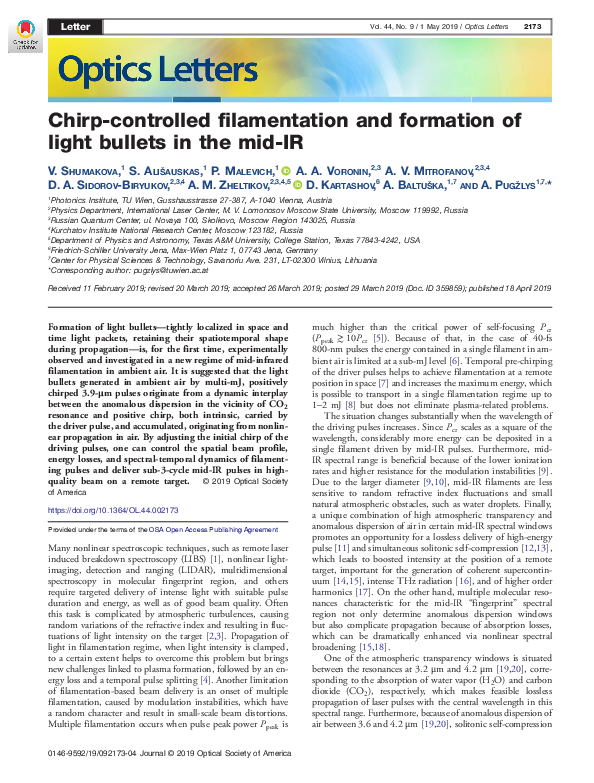 (PDF) Chirp-controlled filamentation and formation of light bullets in ...