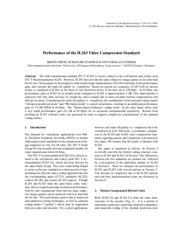 (PDF) Performance of the H.263 Video Compression Standard