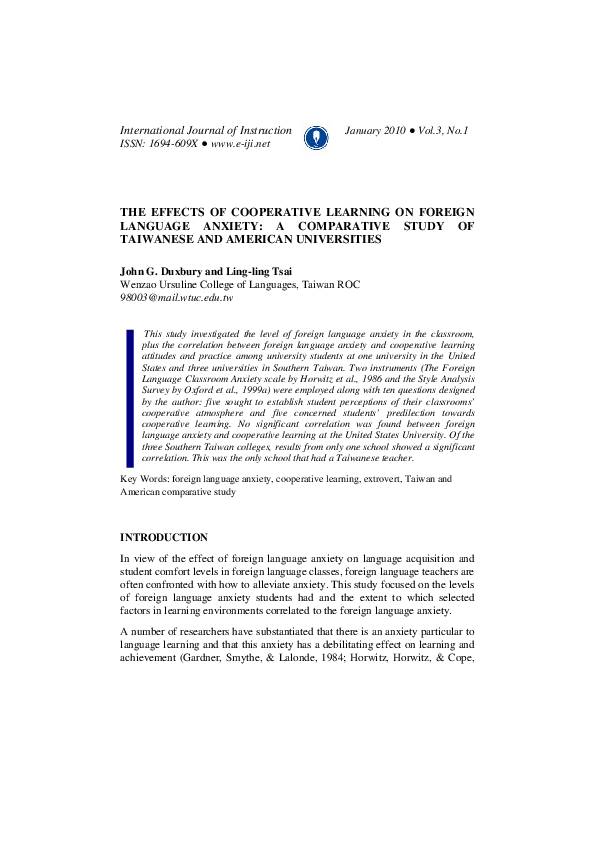 (PDF) The effects of cooperative learning on foreign language anxiety ...