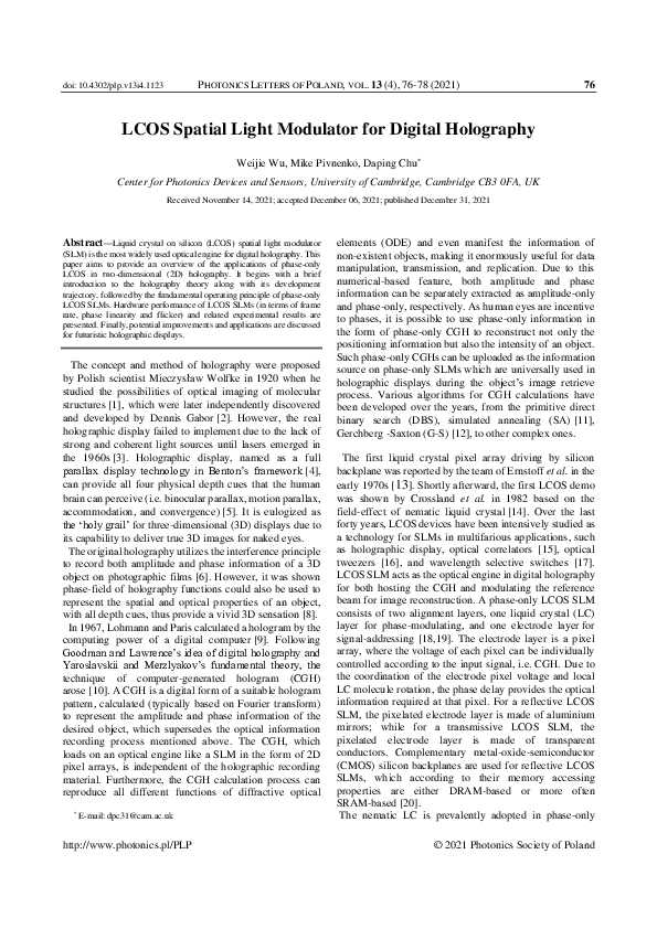 (PDF) LCOS Spatial Light Modulator for Digital Holography