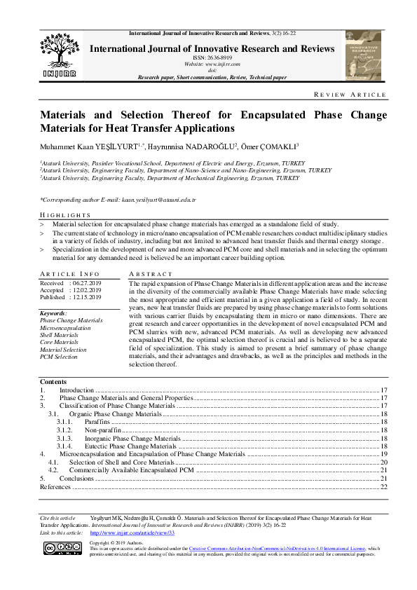 (PDF) Phase Change Materials and Selection Thereof for Heat Transfer ...