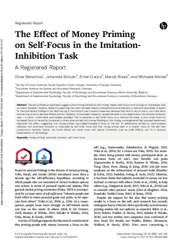 (PDF) The Effect of Money Priming on Self-Focus in the Imitation ...