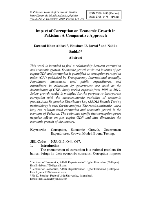 (PDF) Impact of Corruption on Economic Growth in Pakistan: A ...