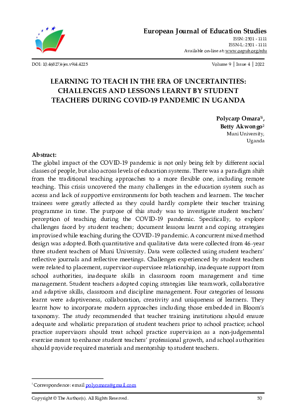 (PDF) LEARNING TO TEACH IN THE ERA OF UNCERTAINTIES: CHALLENGES AND ...