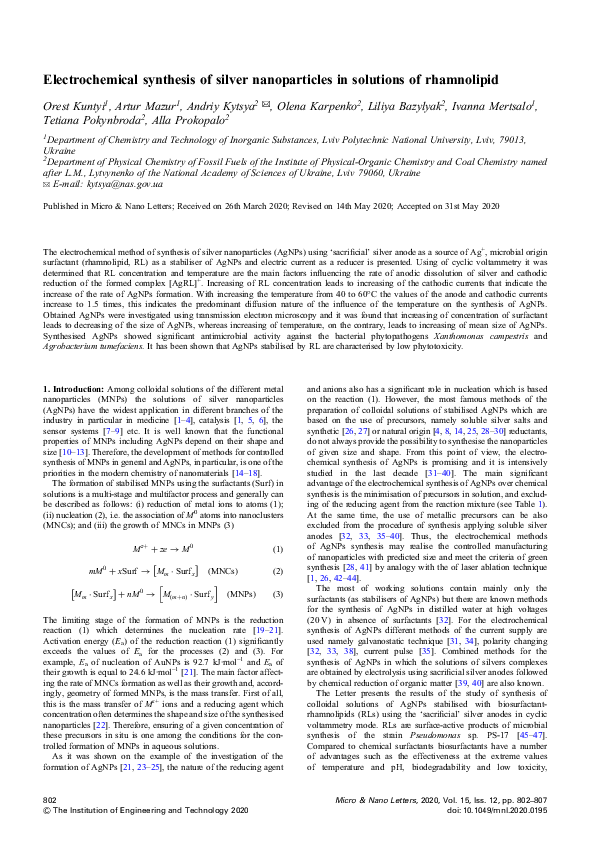 (PDF) Electrochemical synthesis of silver nanoparticles in solutions of ...