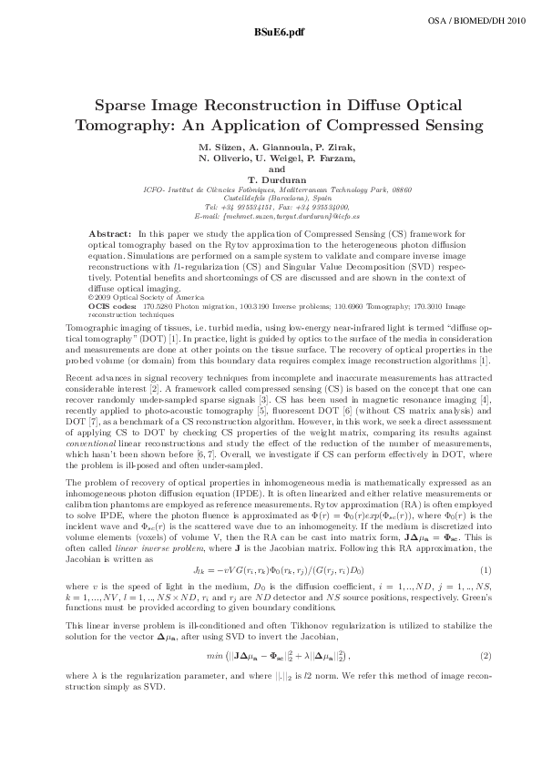 (PDF) Sparse Image Reconstruction in Diffuse Optical Tomography: An ...