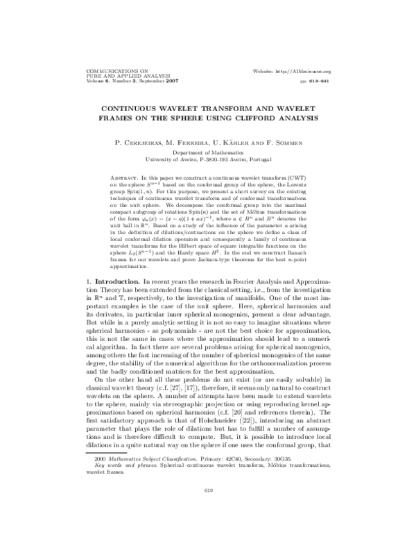 (PDF) Continuous wavelet transform and wavelet frames on the sphere ...