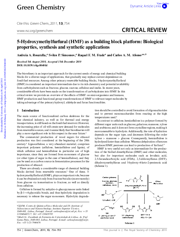 (PDF) 5-Hydroxymethylfurfural (HMF) as a building block platform ...