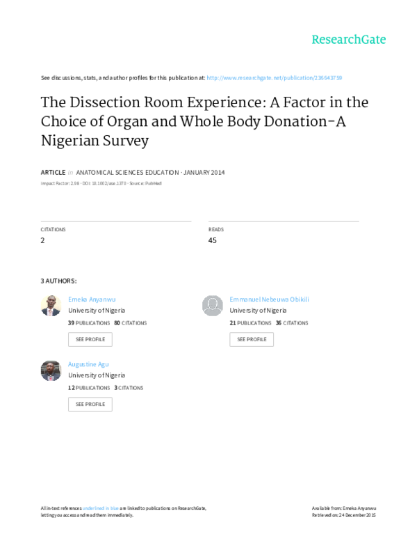 (PDF) The dissection room experience: A factor in the choice of organ ...