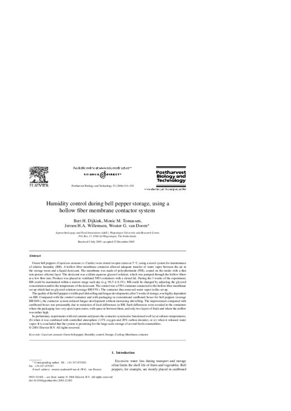 (PDF) Humidity control during bell pepper storage, using a hollow fiber membrane contactor